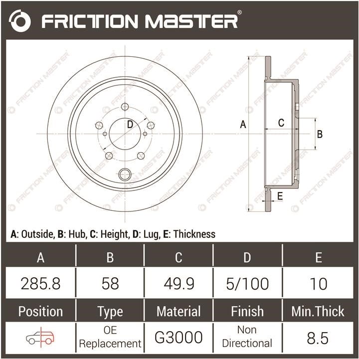 Вентилируемый. Задній невентильований гальмівний диск FRICTION MASTER R1359