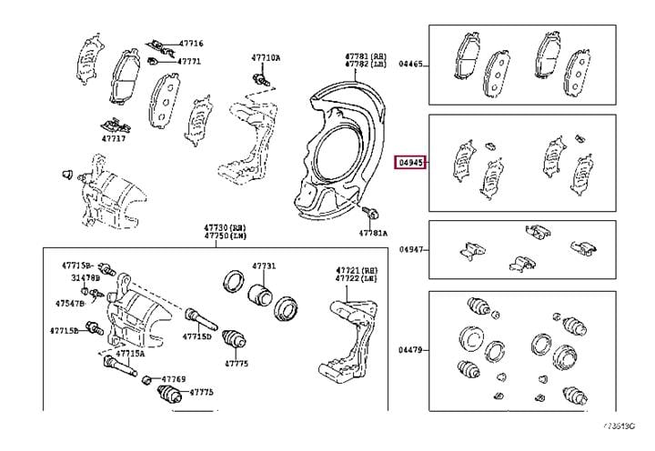 Дисковые. Монтажний комплект гальмівних колодок TOYOTA 0494548080